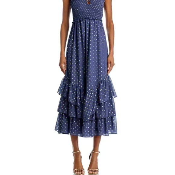Aqua | Dresses | Aqua Blue And Gold Ruffled Tiered Midi Sundress | Poshmark